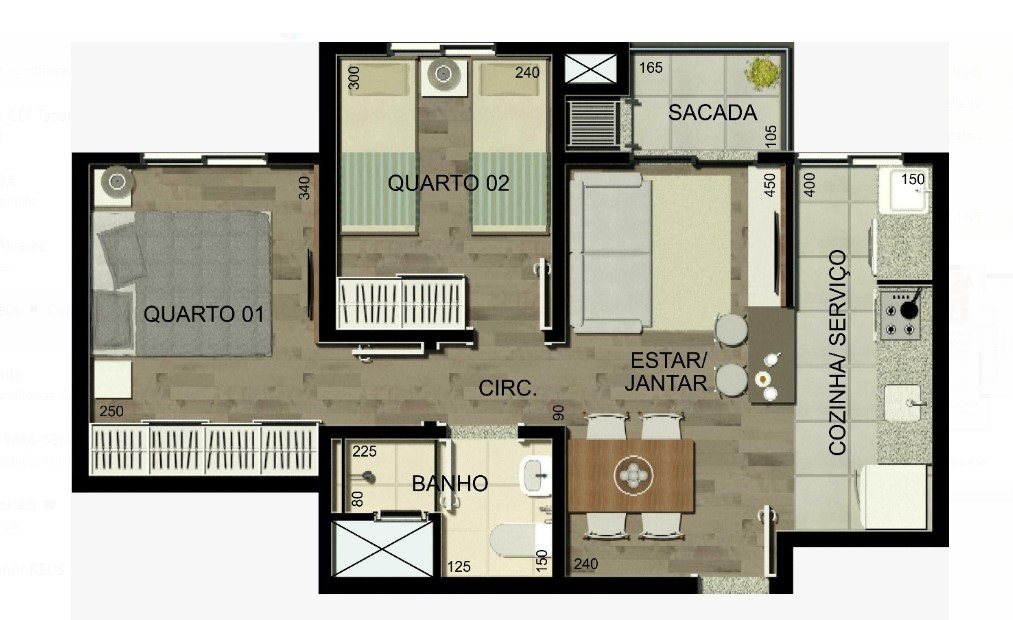 Planta 03 - 2 dorm 47,04m²