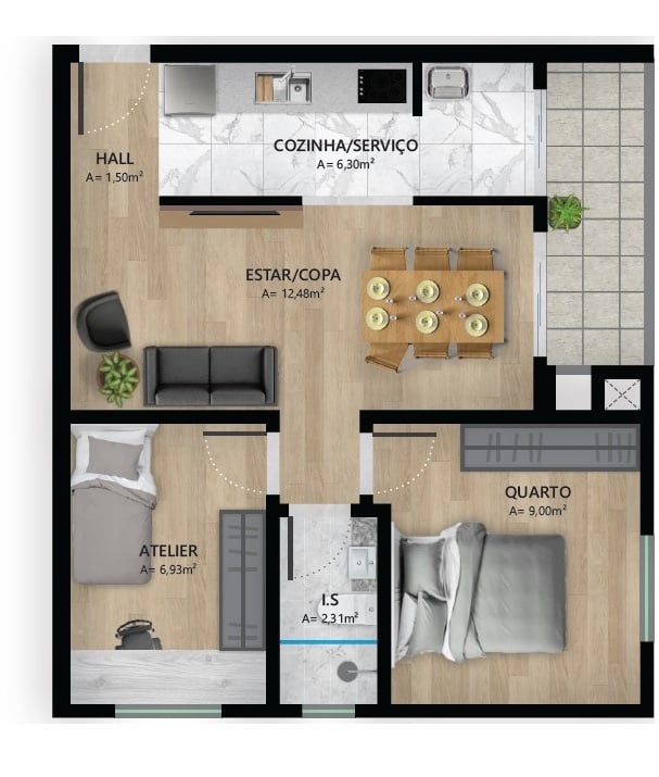 Planta 02 - 2 dorm 47,59m²