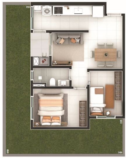 Planta 12 - 2 dorm 47 01m² - garden