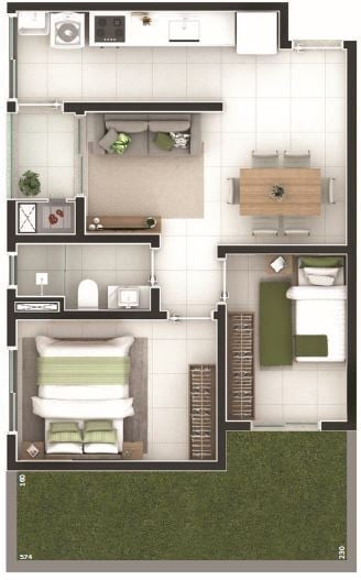 Planta 14 - 2 dorm 47 01m² - garden