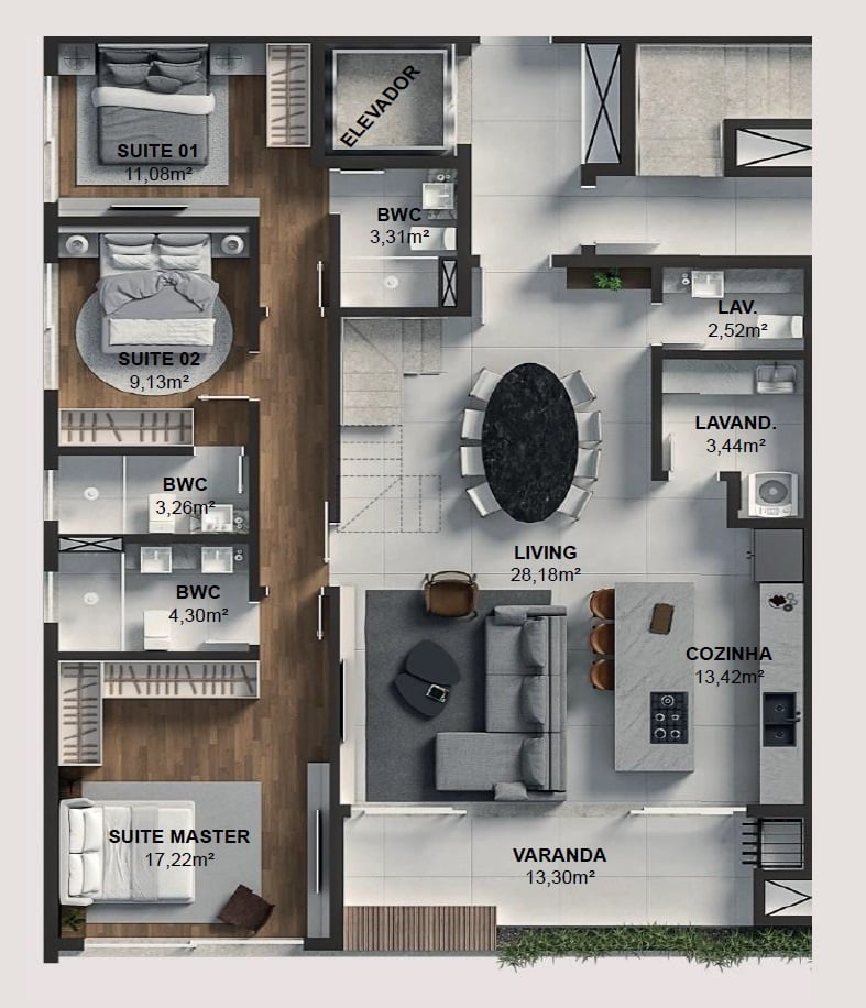 Planta 06 - 4 dorm 261m² - cobertura duplex - inferior