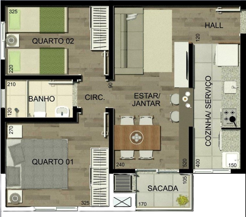 Planta 02 - 2 dorm 49,23m²