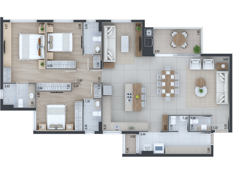 Planta 02 - 3 dorm 150m²