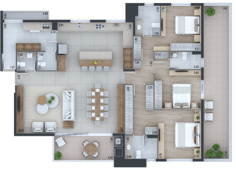 Planta 05 - 3 dorm 171,66m² - garden