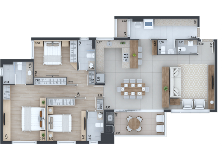 Planta 01 - 3 dorm 145m²