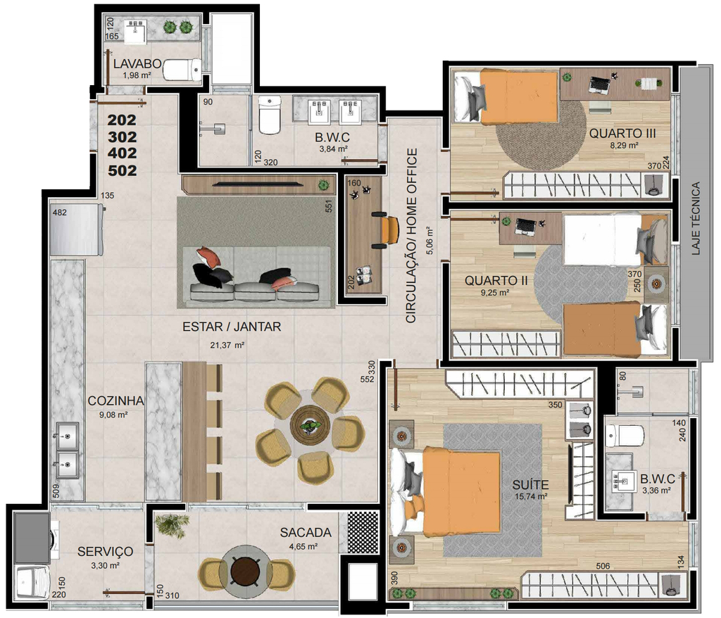 Planta 03 - 3 dorm 99,80m²