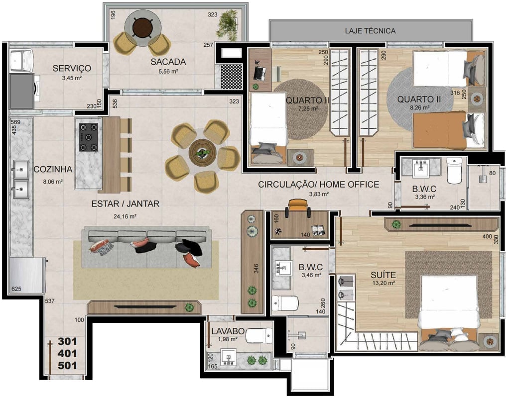 Planta 01 - 3 dorm 95,18m²