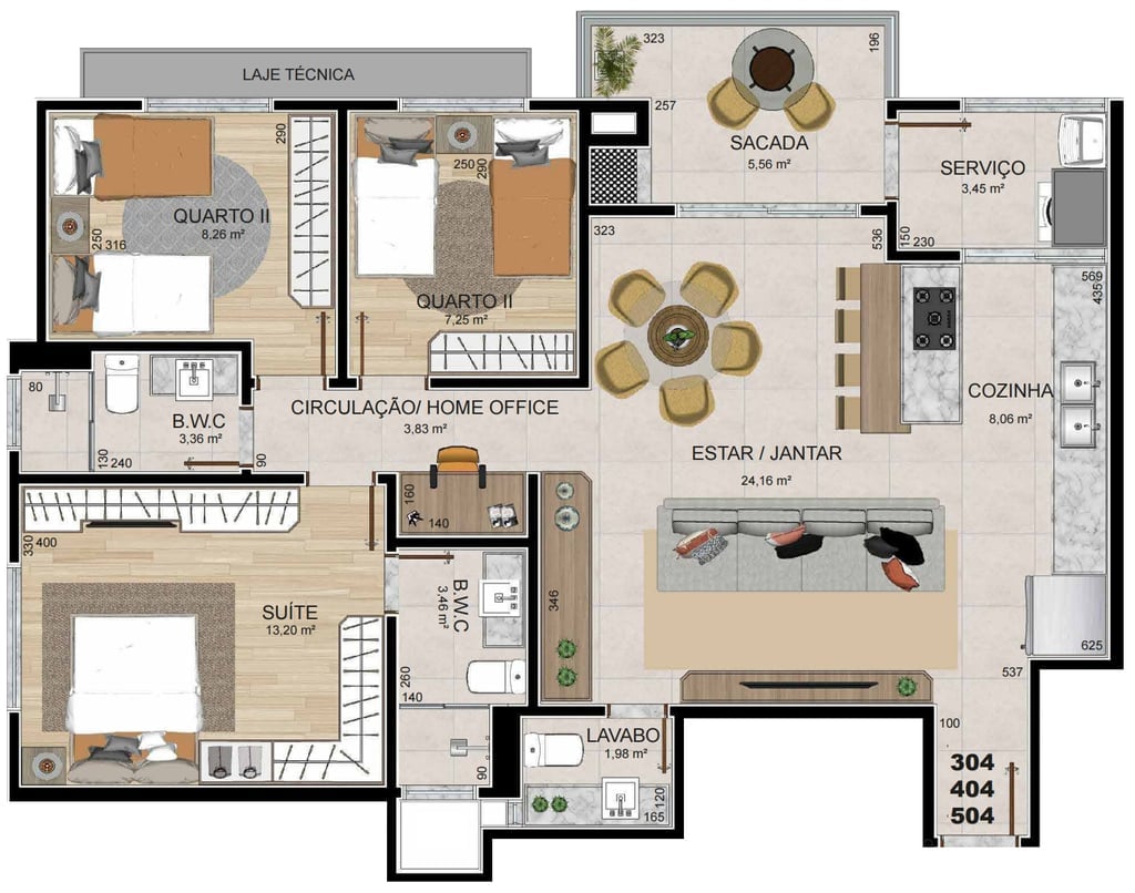 Planta 02 - 3 dorm 95,18m²