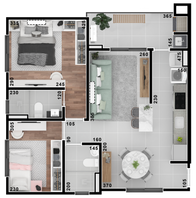 Planta 02 - 2 dorm 62 03m²