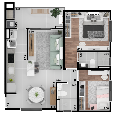 Planta 01 - 2 dorm 62 03m²