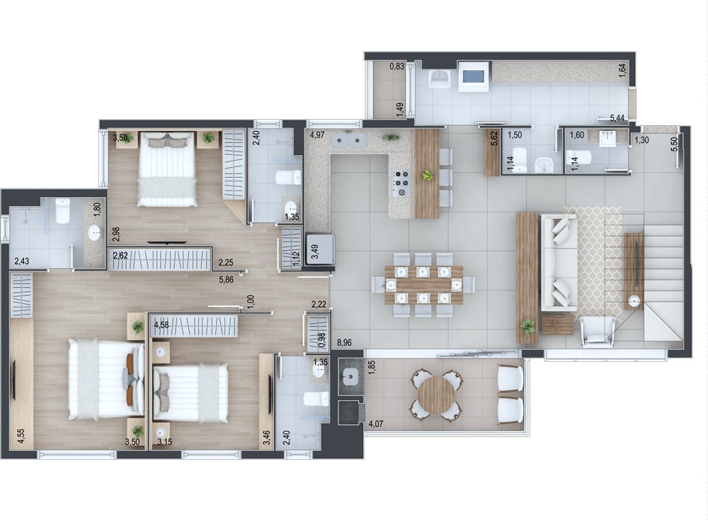 Planta 06 - 3 dorm 226,92m² - cobertura duplex - inferior