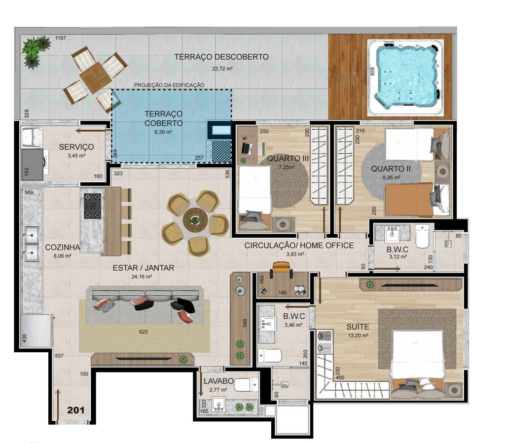 Planta 05 - 3 dorm 118,90m² - garden