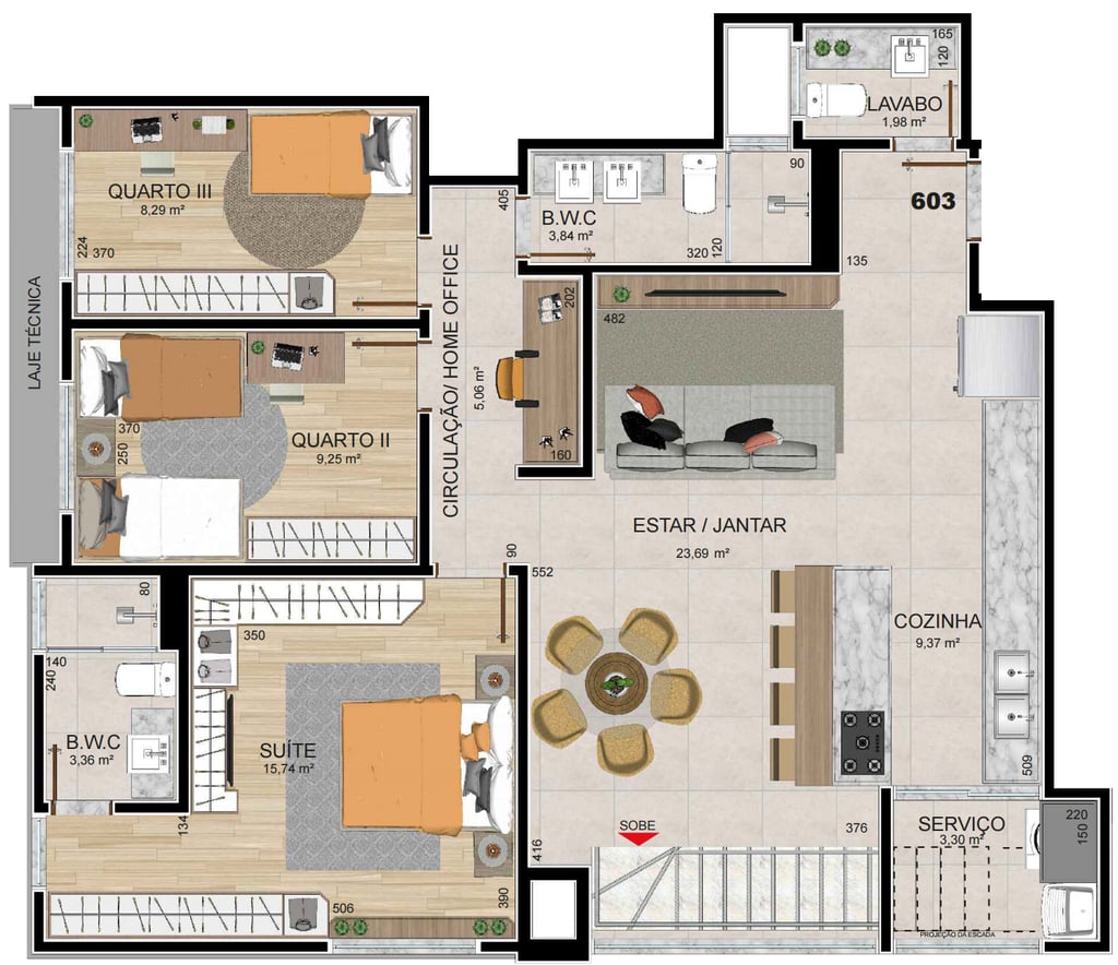 Planta 13 - 4 dorm 207,71m² - cobertura duplex - inferior