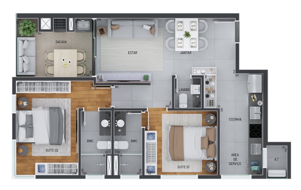 Planta 01 - 2 dorm 78m²