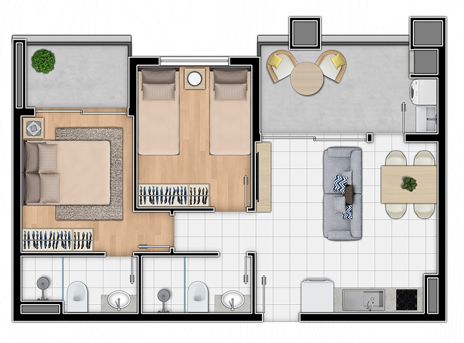 Planta 02 - 2 dorm 54 70m²