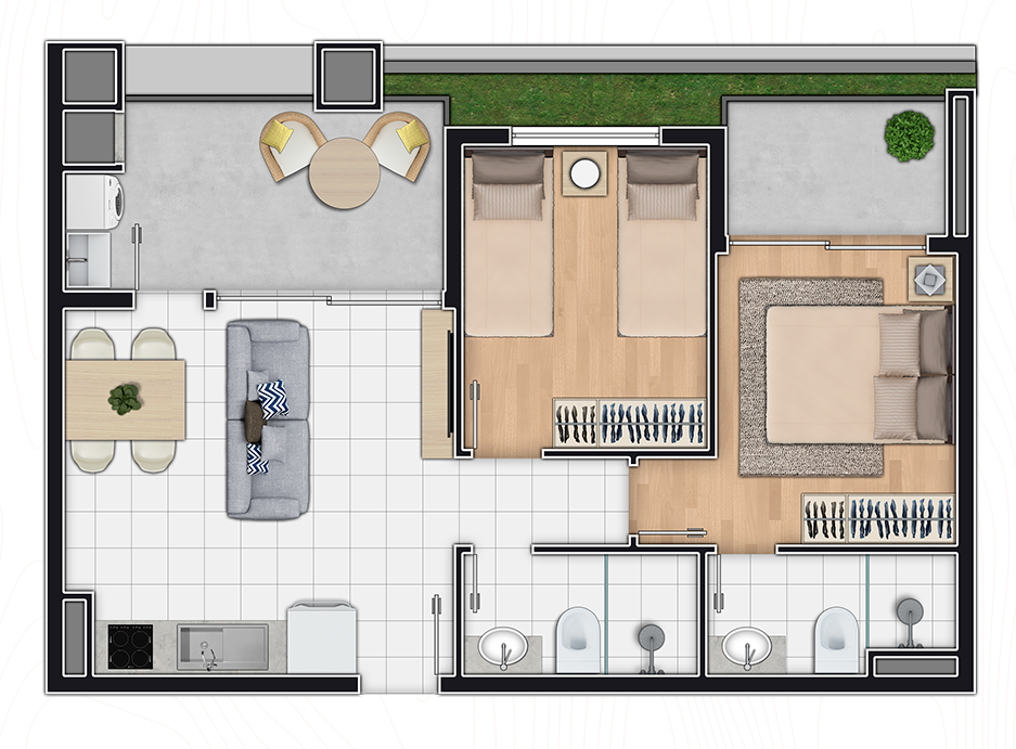 Planta 01 - 2 dorm 54 51m²