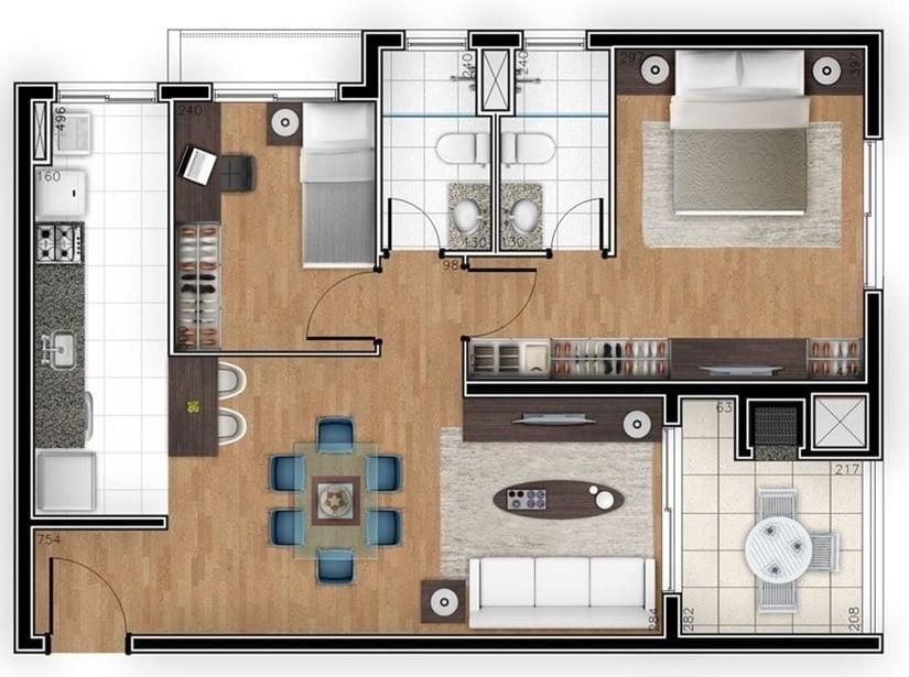 Planta 01 - 2 dorm 75 63m²