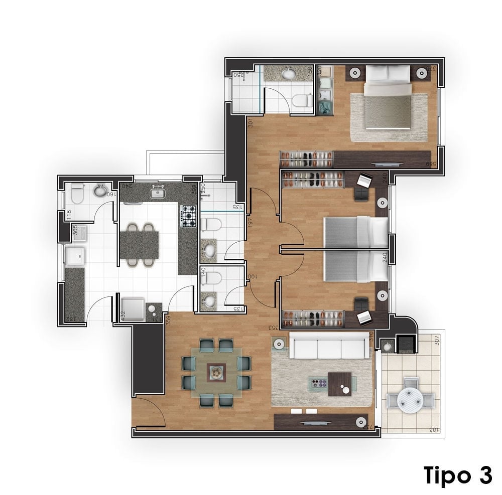 Planta 01 - 3 dorm 105 34m²