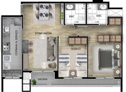 Planta 01 - 2 dorm 64 8m²