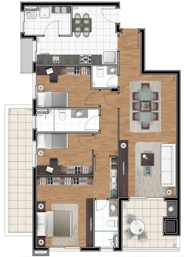 Planta 05 - 3 dorm 113 75m²