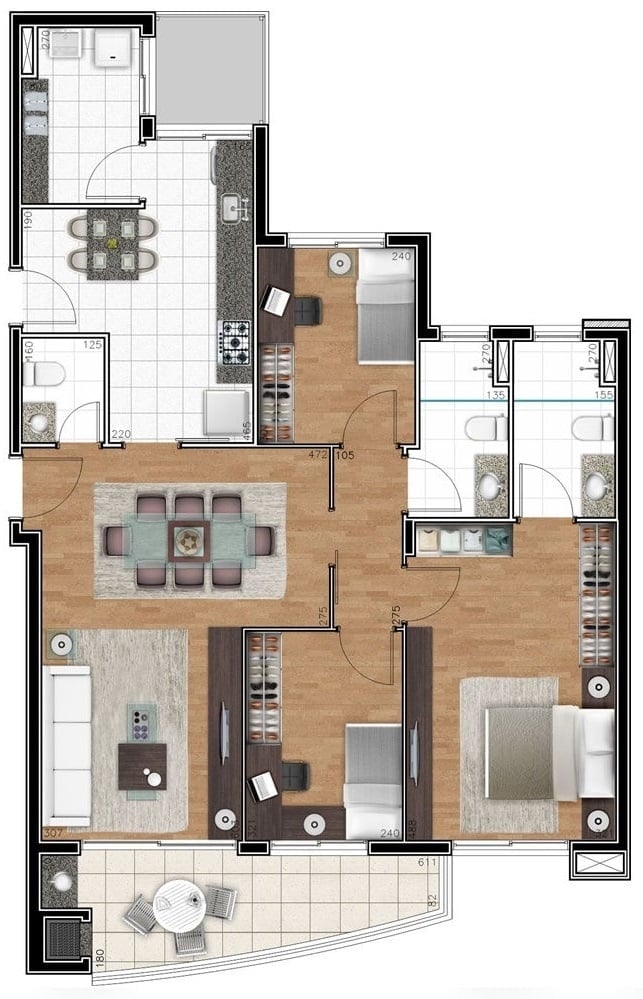 Planta 02 - 3 dorm 110 55m²