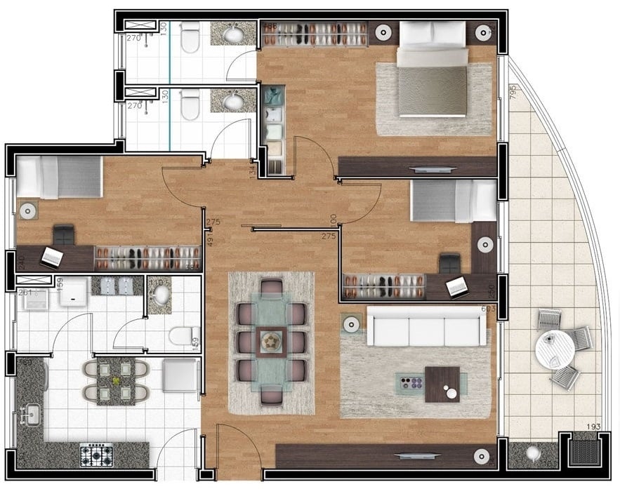 Planta 03 - 3 dorm 111 18m²