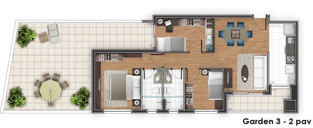 Planta 02 - 3 dorm 77 08m² - garden