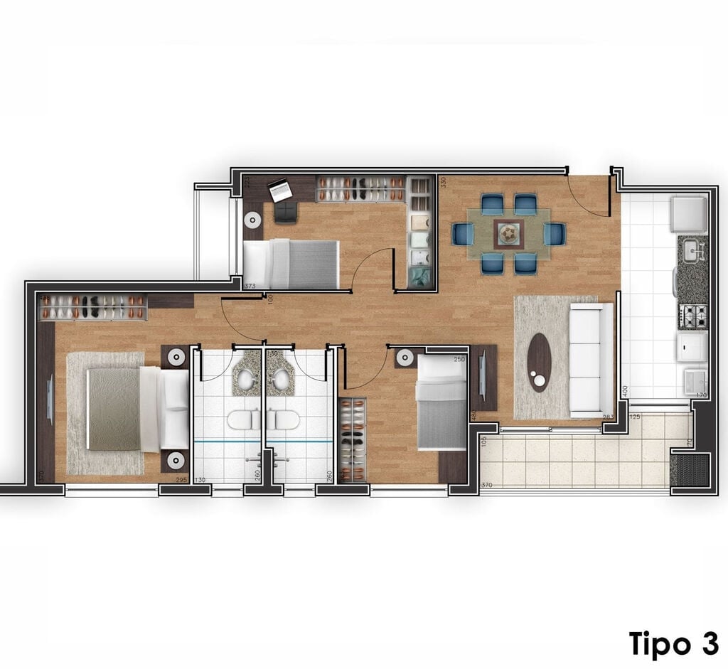 Planta 03 - 3 dorm 77 08m²