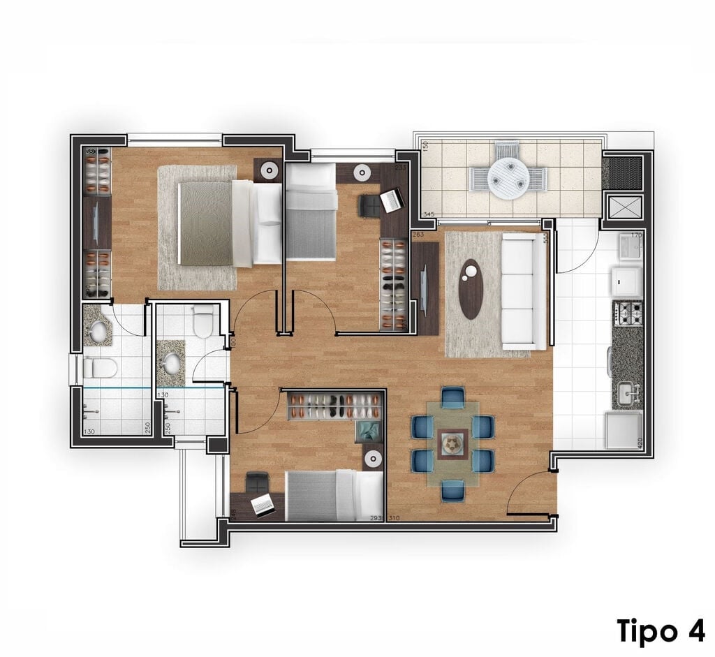 Planta 01 - 2 dorm 77 08m²