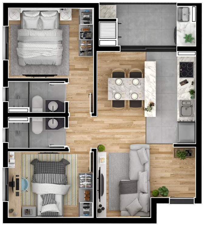 Planta 04 - 2 dorm 53 61m²