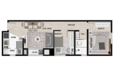 Planta 03 - 2 dorm 44 49m²