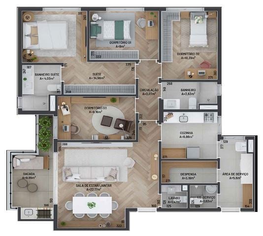 Planta 01 - 4 dorm 123 81m²