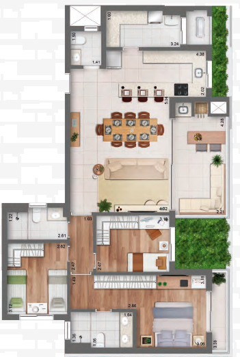 Planta 01 - 3 dorm 108 96m²