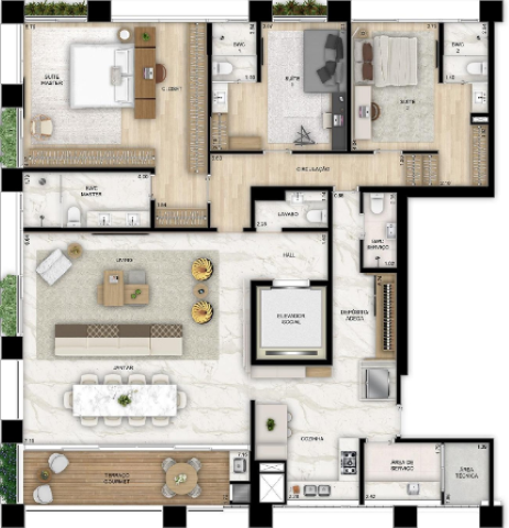 Planta 01 - 3 dorm 208m²