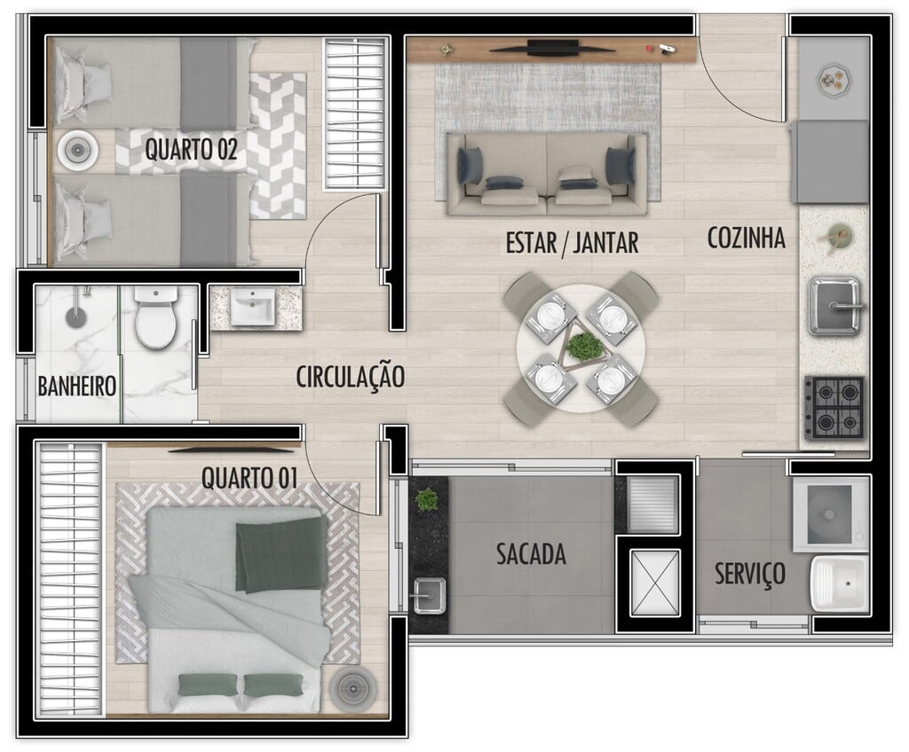 Planta 01 - 2 dorm 42 81m²