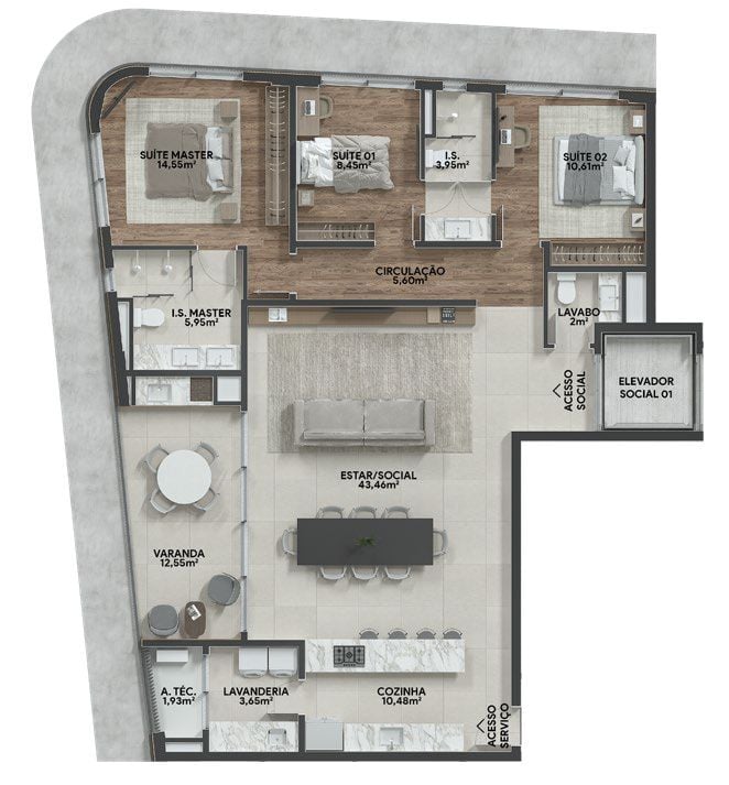 Planta 03 - 3 dorm 140m²