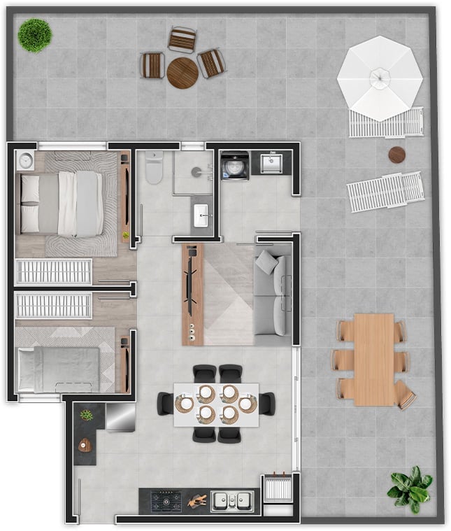 Planta 01 - 2 dorm 52m² - garden