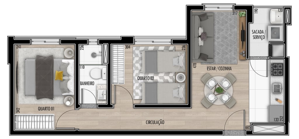 Planta 03 - 2 dorm 48,23m²