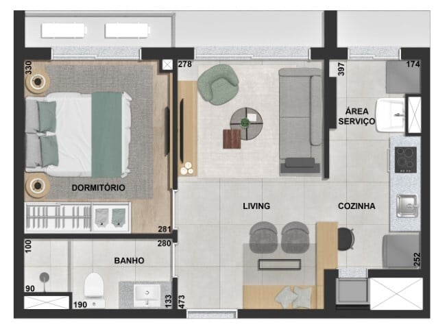 Planta 02 - 1 dorm 41 57m