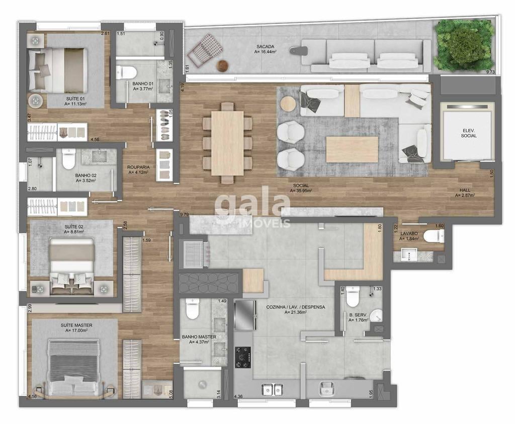 Planta 01 - 3 dorm 154m