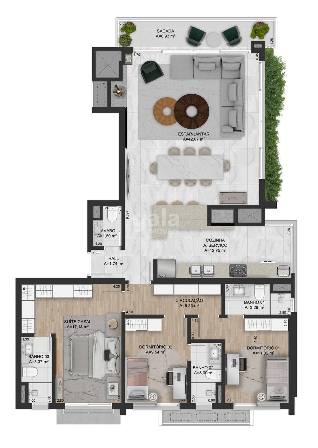 Planta 01 - 3 dorm 151m