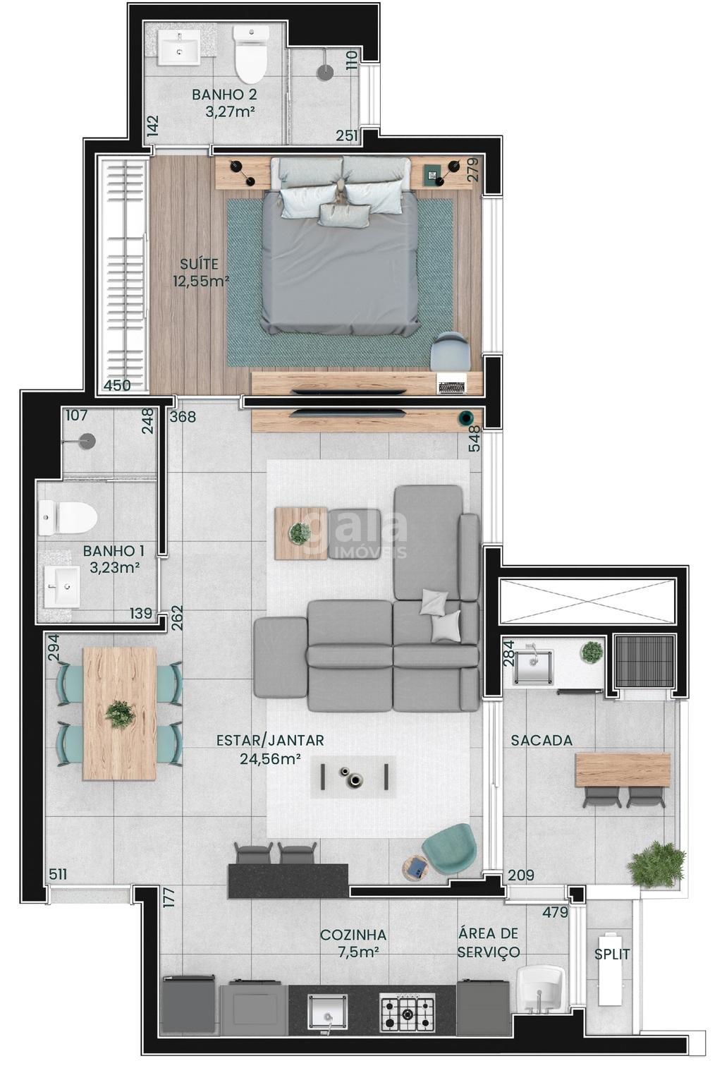 Planta 02 - 1 dorm 71m - opo