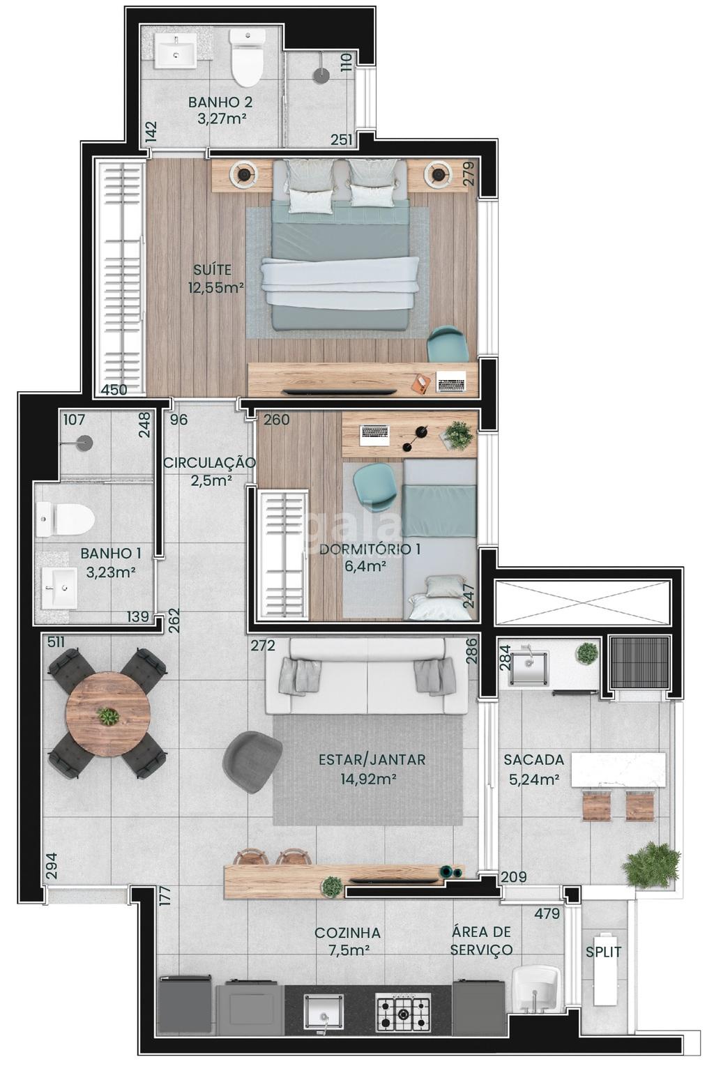 Planta 01 - 2 dorm 71m