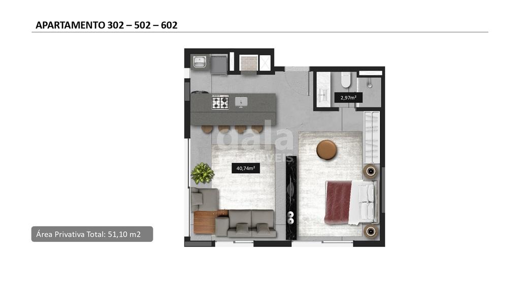 Planta 05 - 1 dorm 51 10m - studio