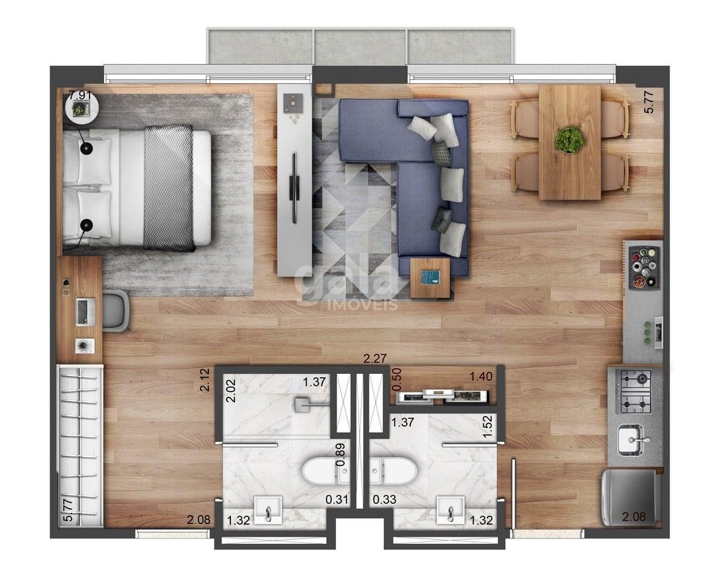 Planta 03 - 1 dorm 50m - studio