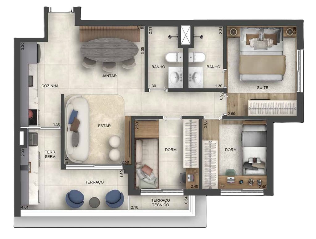 Planta 02 - 3 dorm 69,53m