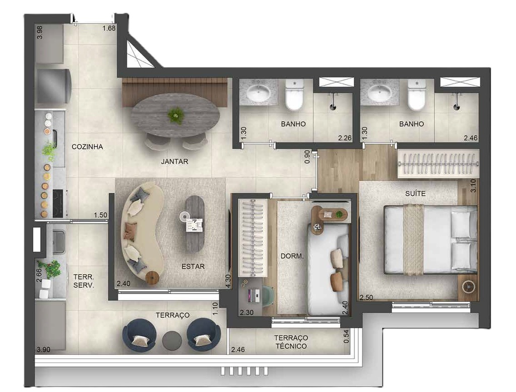 Planta 01 - 2 dorm 55,49m