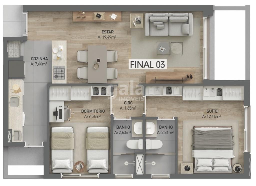 Planta 02 - 2 dorm 67,30m