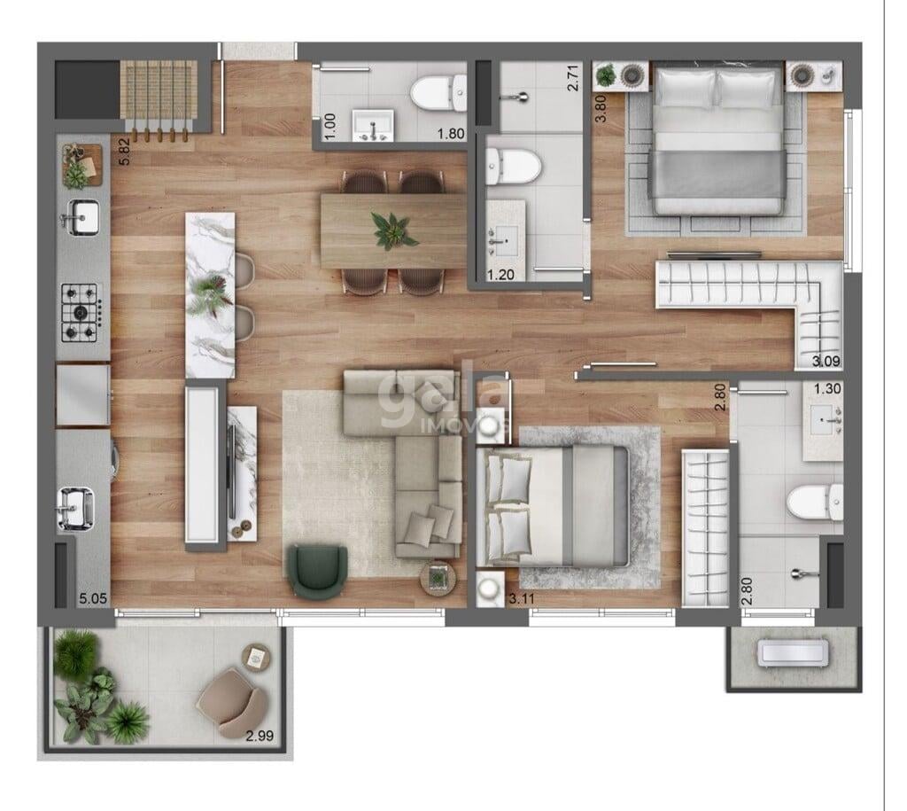 Planta 01 - 2 dorm 75 91m