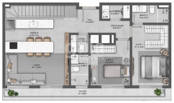 Planta 16 - 2 dorm 172 44m - cobertura duplex inferior